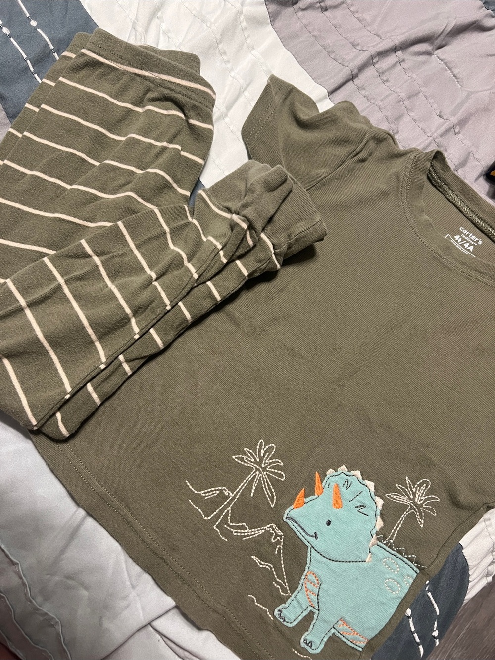 Carter's Olive Green Pajamas Dino Tee & Striped Pants Set